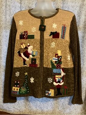 Tiara International Christmas Collection zip cardigan sweater Brown Small Gifts